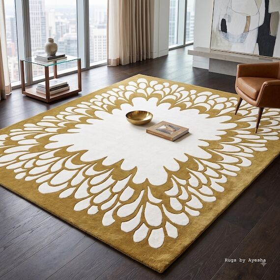 Hand Tufted Wool Rug Mustard Yellow Modern Fl...