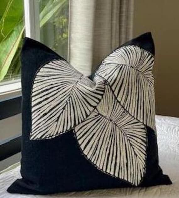 Tropical Leaves Appliqued Pillow Cover: Black...