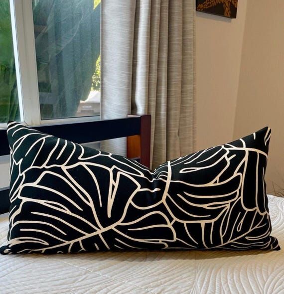 Black and Natural Monstera Leaf Print Lumbar ...