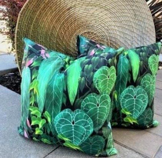 Tropical Leaf Print Pillow Cover, Green & Tea...
