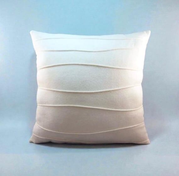 White Wool Felt Pillow: Handmade Pin Tuck, Mo...