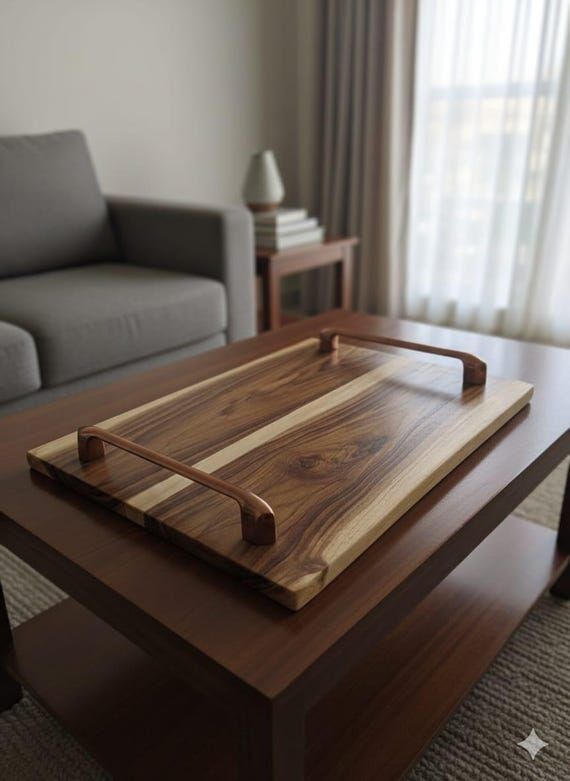 Handmade Wooden Serving Tray with Metal Handl...