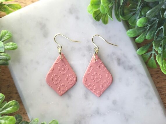 Handmade Pink Floral Polymer Clay Teardrop Ea...