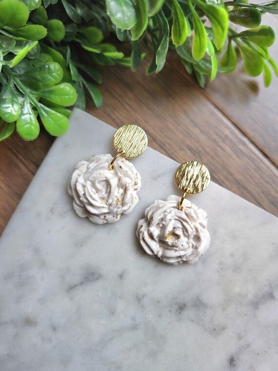White Rose Polymer Clay Earrings: Gold Flake ...