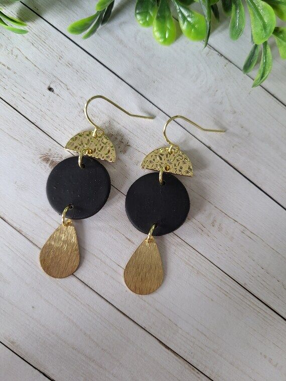 Matte Black Polymer Clay Earrings: Brass Tear...