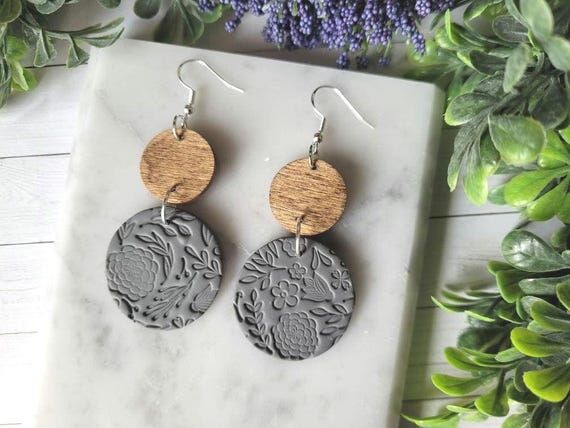 Floral Stamped Clay Dangle Earrings: Gray Boh...