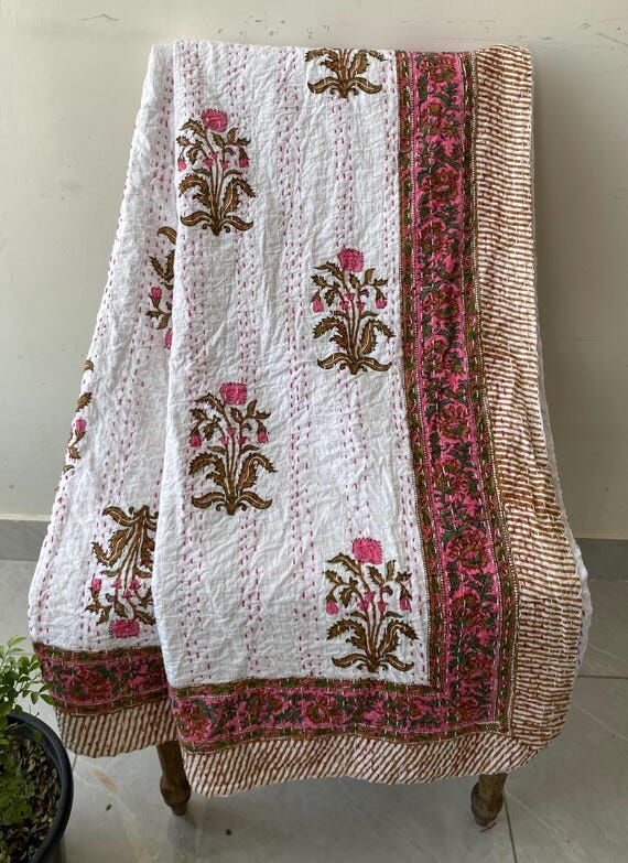 Indian Pink Floral Cotton Kantha Quilt, Jaipu...