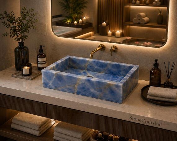 Blue Onyx Rectangular Vessel Sink – Handmad...