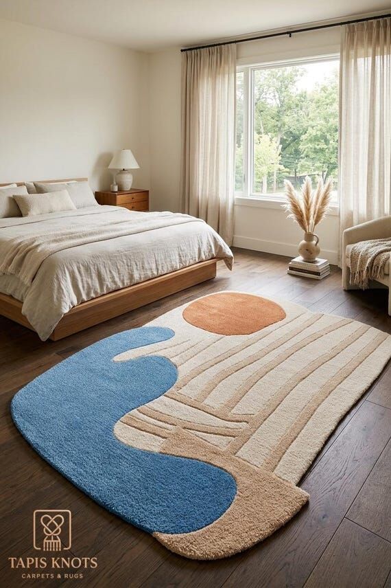 Hand Tufted Wool Irregular Rug, Abstract Blue...