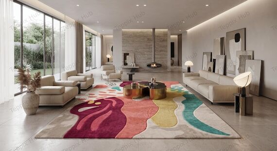 Mid Century Modern Rug, Abstract Art Carpet f...