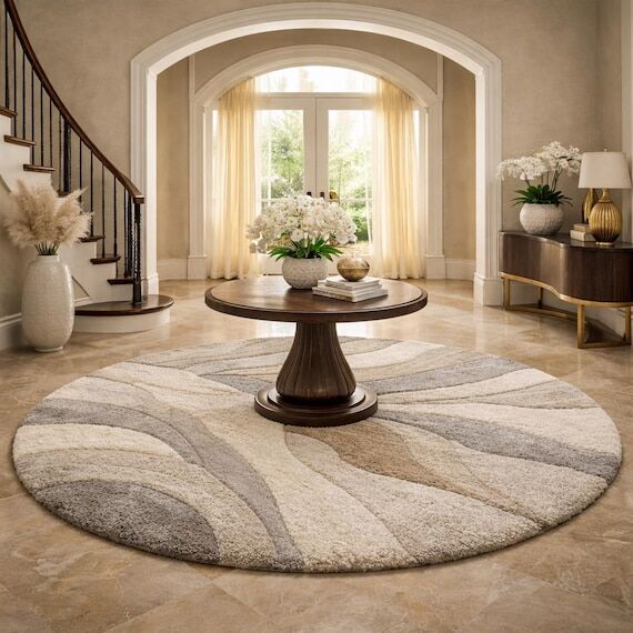 Modern Subtle Earth Tones Wave Round Rug– C...