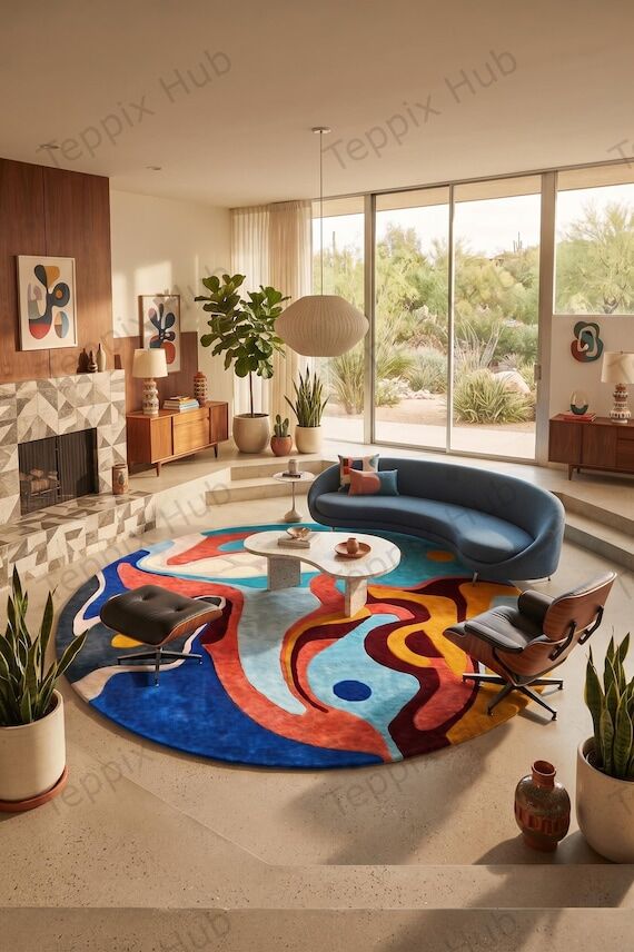 Mid Century Modern Round Rug, 9x9 Abstract Co...