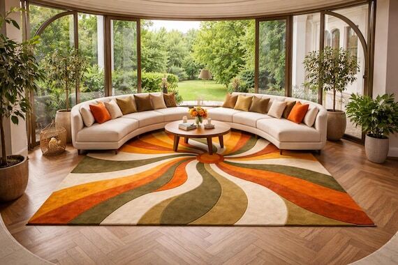 Sunburst Boho Wool Area Rug Mid Century Rug ...