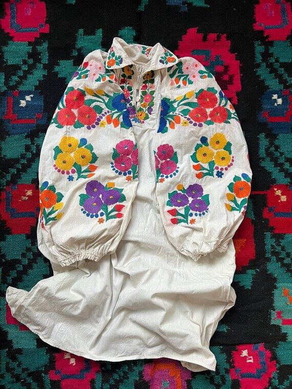 Authentic embroidered chemise, bright floral ...