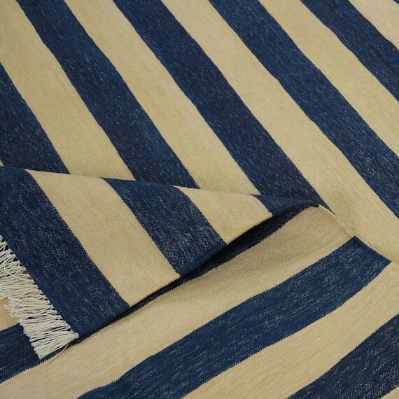 Navy Blue & Beige Striped Kilim Rug, Handwove...