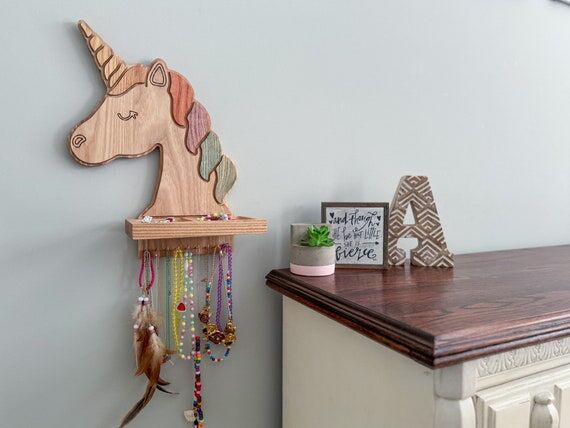 Red Oak Unicorn Jewelry Holder with Gold Hook...
