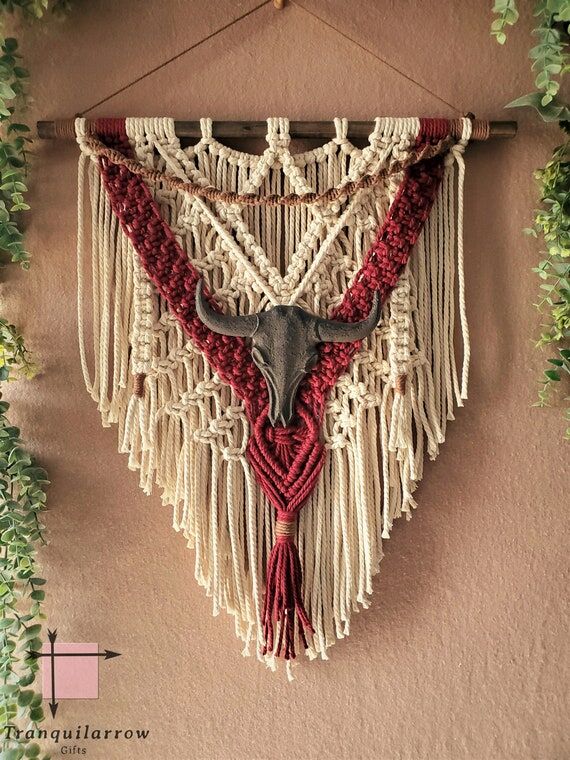 Rustic Metal Skull Macrame Wall Hanging, West...