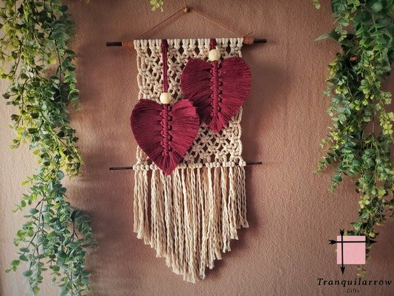 Burgundy Heart Macrame Wall Hanging, Boho Hom...