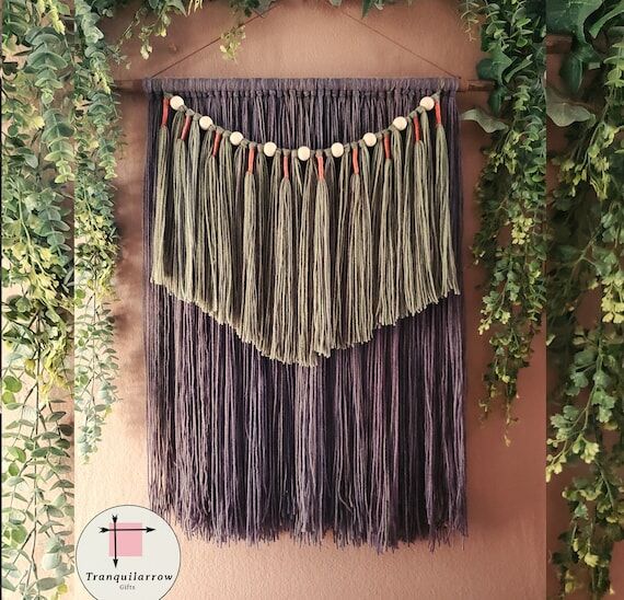 Boho home decor wall hanging, purple-gray wal...