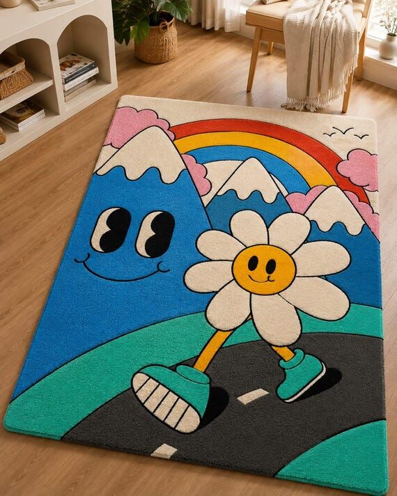 Hand Tufted Rainbow Rug, Colorful Flower Area...
