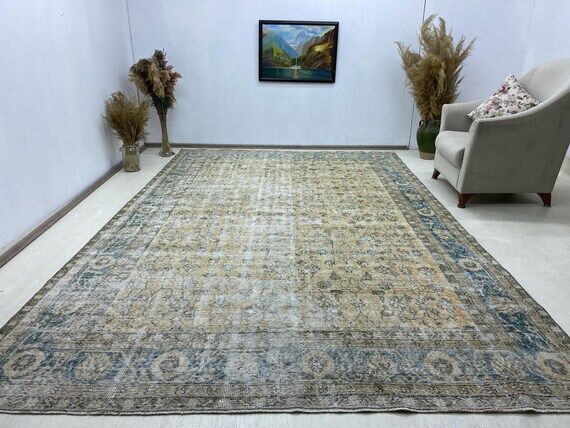 7.2x11.0 ft, Large Vintage Oushak Rug, Wool T...