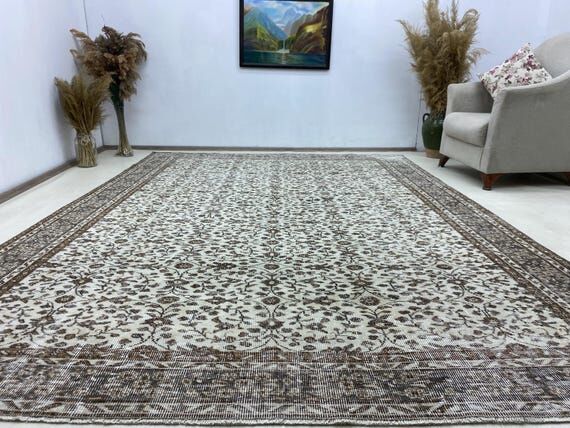 7.0x9.7ft, Vintage Oushak Rug, Handwoven Beig...