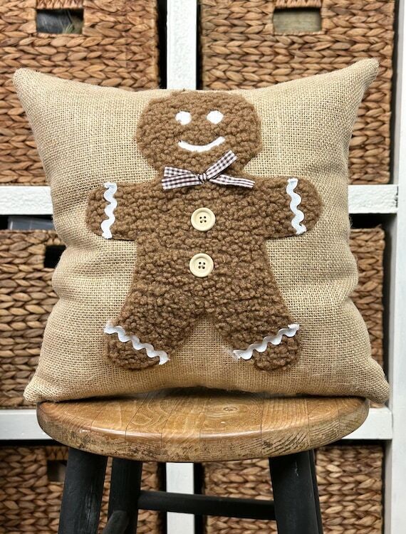 14” Gingerbread Burlap Pillow...