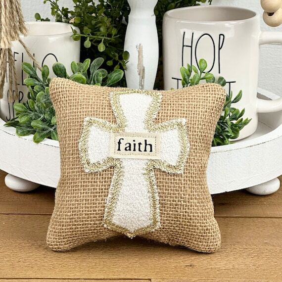 6” Cross Burlap Mini Pillow...