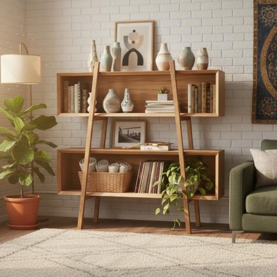 Wooden Bookshelf with Storage Compartments ...