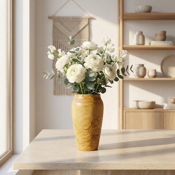 Handmade Solid Acacia Wood Vase, Rustic Woode...