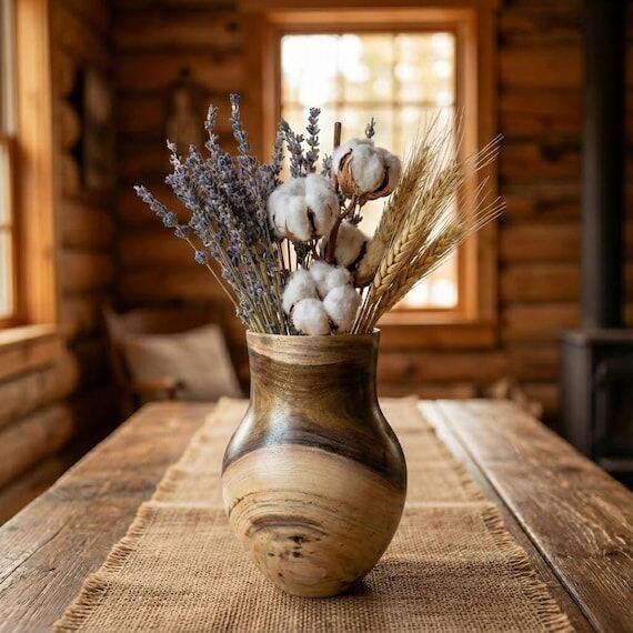 Handmade Walnut Wood Vase - Rustic Dried Flow...