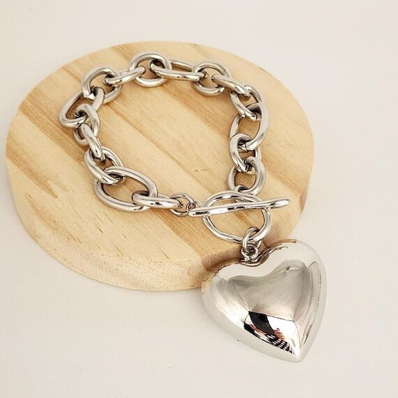 Chunky Silver Heart Bracelet: Puff Heart, Th...