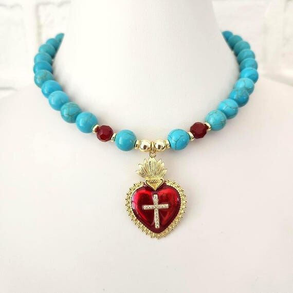 Sacred Heart Necklace – Chunky Turquoise Be...
