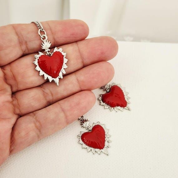Red Sacred Heart Necklace, Ex Voto, Mexican M...