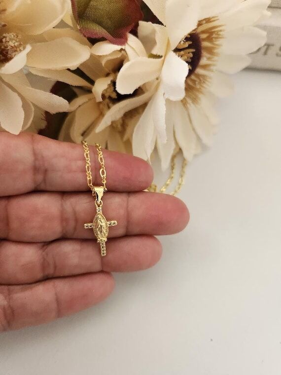 Gold Mini Cross Necklace, Image Virgin Pendan...