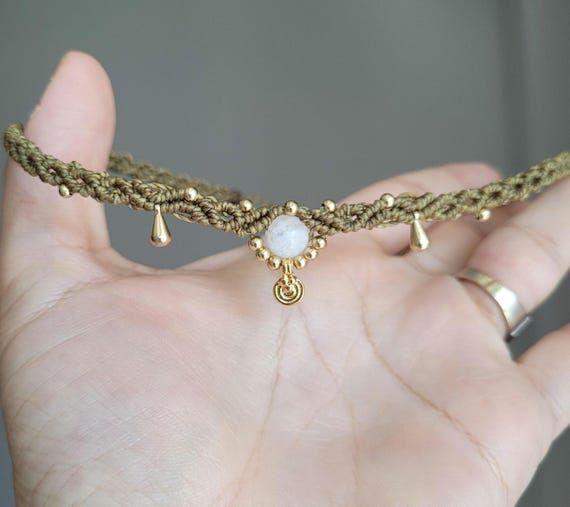 Moonstone Choker Necklace, Boho Macrame Cryst...
