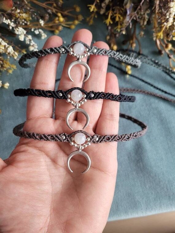 Moonstone Crescent Moon Macrame Choker - Witc...