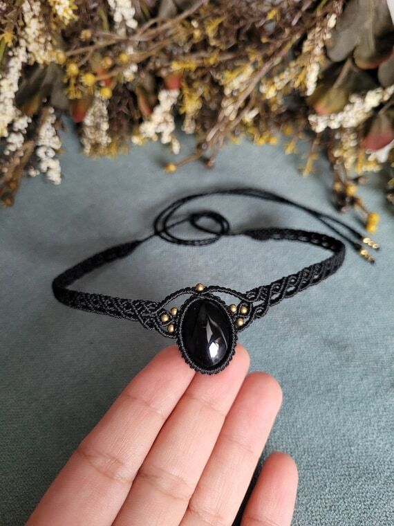 Onyx Macrame Choker: Adjustable Black Gemston...