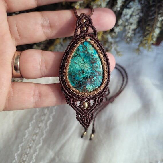 Handmade Chrysocolla Stone Macrame Necklace ...