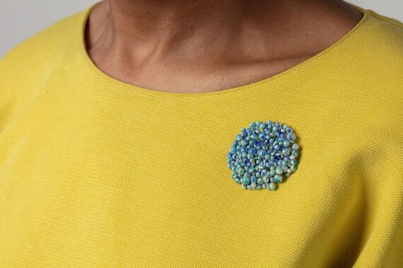 Handcrafted Sea Blue Enamel Brooch: 24K Gold ...
