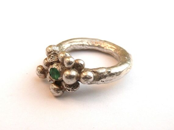Handmade Silver Bubble Ring: Emerald Gemstone...
