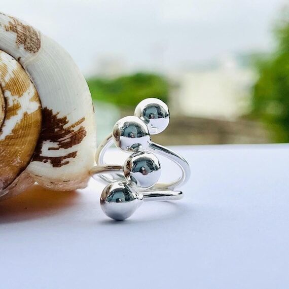 Adjustable Sterling Silver Ball Ring: Boho Un...