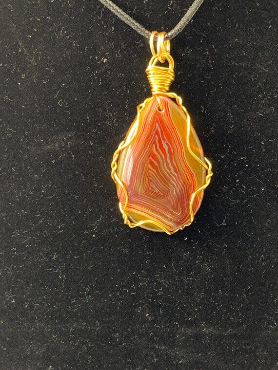 Wire Wrapped Banded Agate Necklace, Gold Para...
