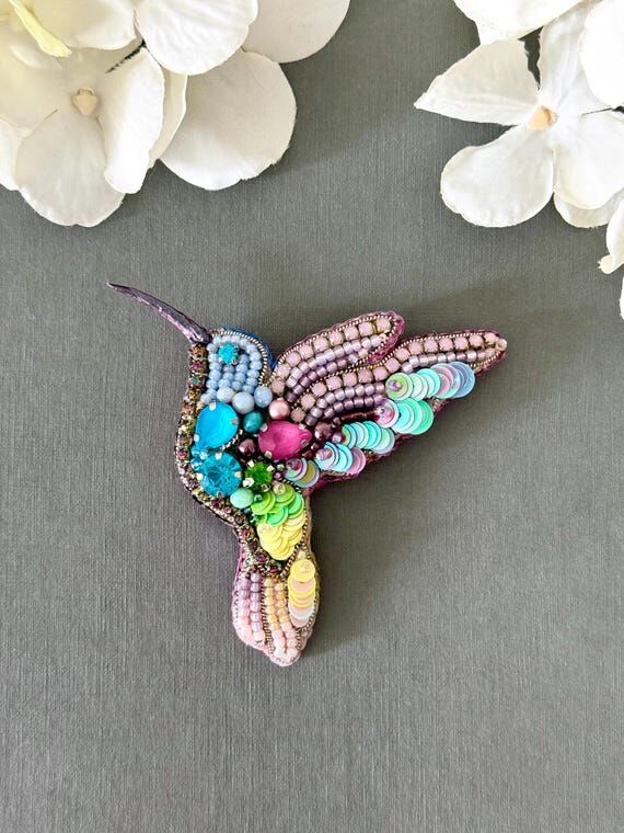 Brooch Hummingbird, Beaded Brooch, Embroidere...