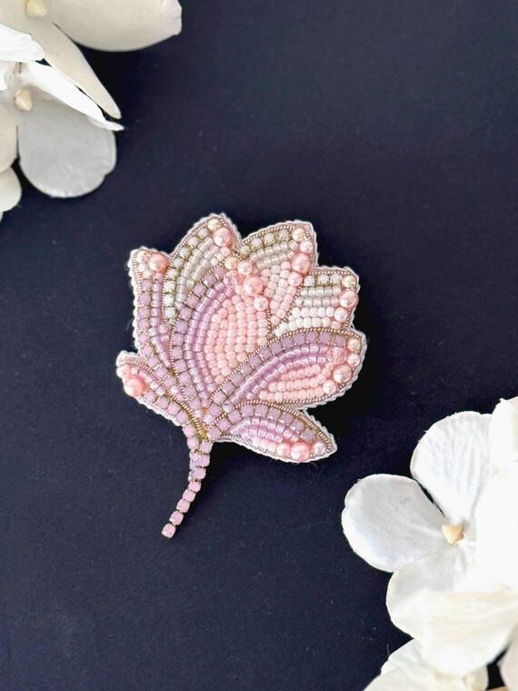 Magnolia Beaded Brooch, Handmade Crystal Broo...