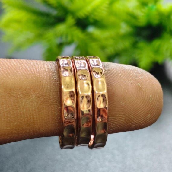 Solid Copper Hammered Band Ring, Handmade Set...