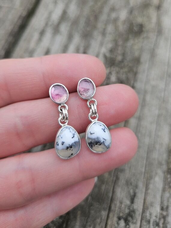 Opal & Tourmaline Stud Earrings. Multi Gemst...