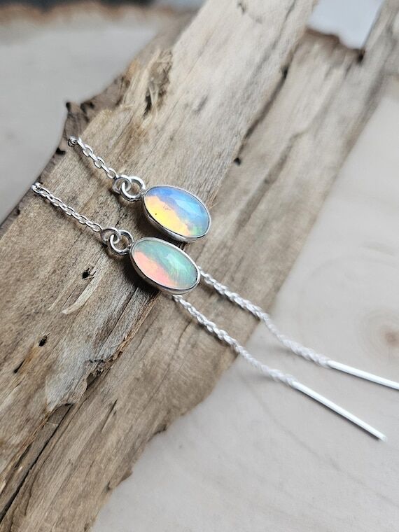 Opal Threader Earrings. Ethiopian Opal Earrin...