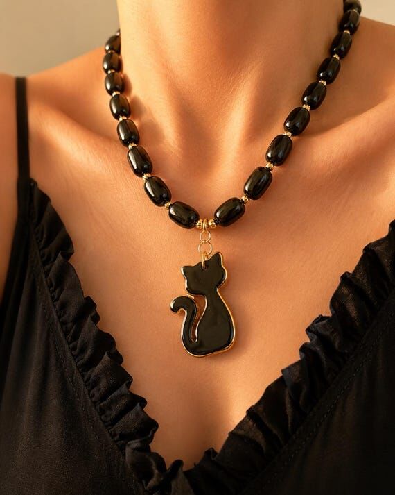 Handmade Ceramic Cat Charm Necklace with Blac...