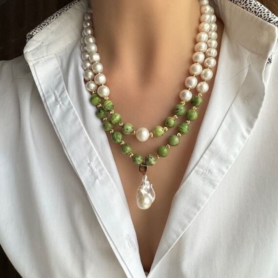 Natural Jade Necklace with Baroque Pearl, Han...